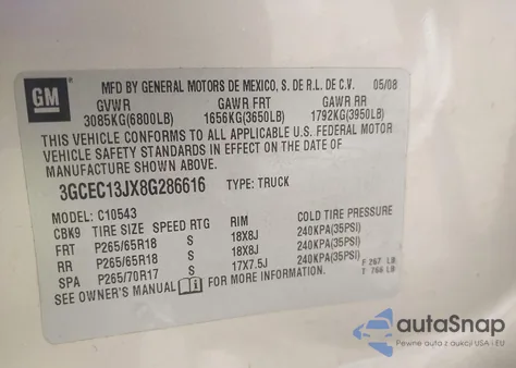 2008 Chevrolet Silverado 1500 Lt2 z USA, uszkodzony, nr VIN 3GCEC13JX8G286616